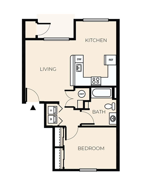 Floor plan for 1 bed, 1 bath, 652 sqft